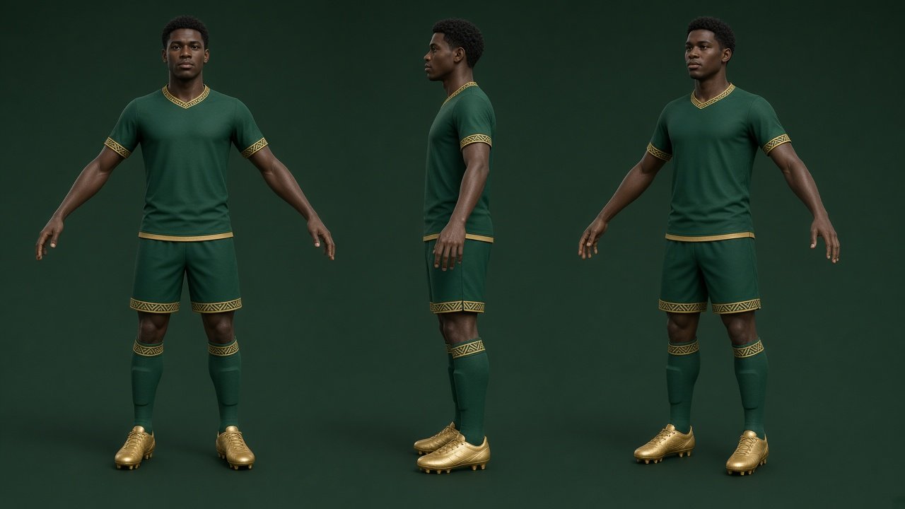 AI-generated concept art: Original fictional footballer, front, side and three-quarter turnaround. Fictional, not a real team or person.