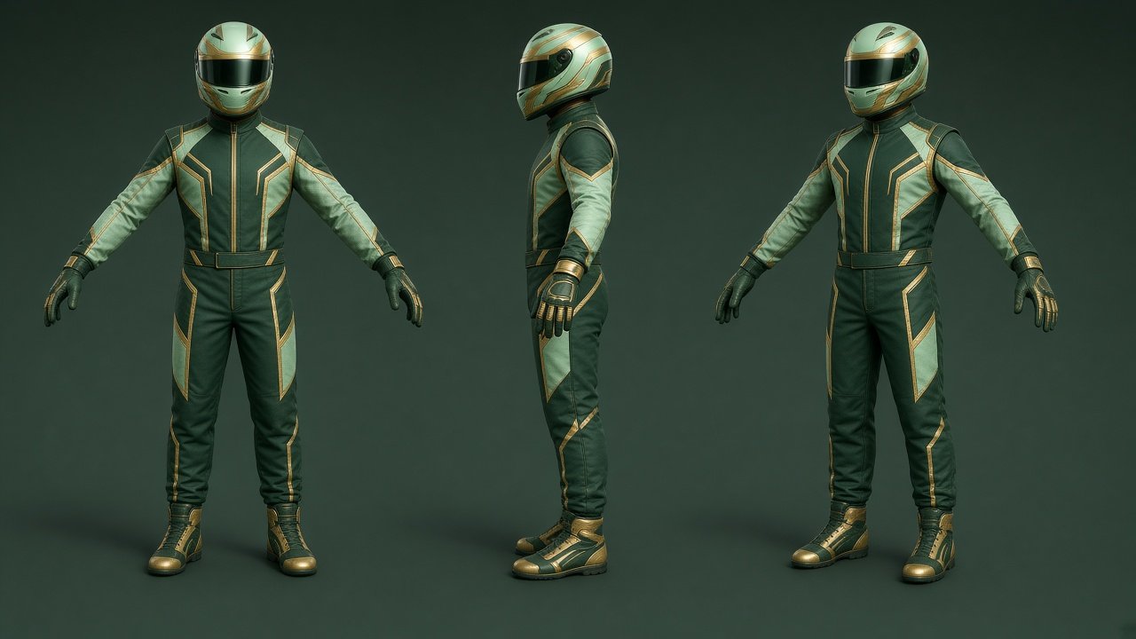 AI-generated concept art: Original fictional racing driver in helmet, front, side and three-quarter turnaround. Fictional, not a real team or person.