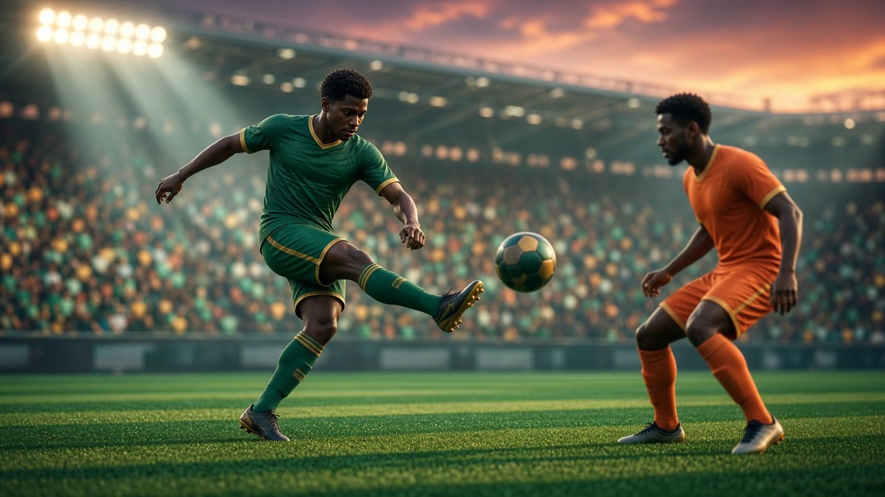 AI-generated concept art: Floodlit stadium football action, fictional teams in plain kits. Fictional, not a real team or person.