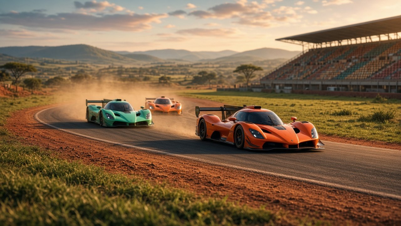 AI-generated concept art: Day race circuit, fictional cars, African highveld setting. Fictional, not a real team or person.