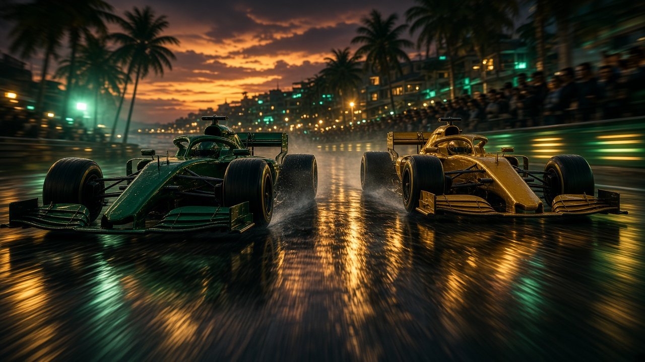AI-generated concept art: Night street circuit, fictional cars, African coastal city setting. Fictional, not a real team or person.